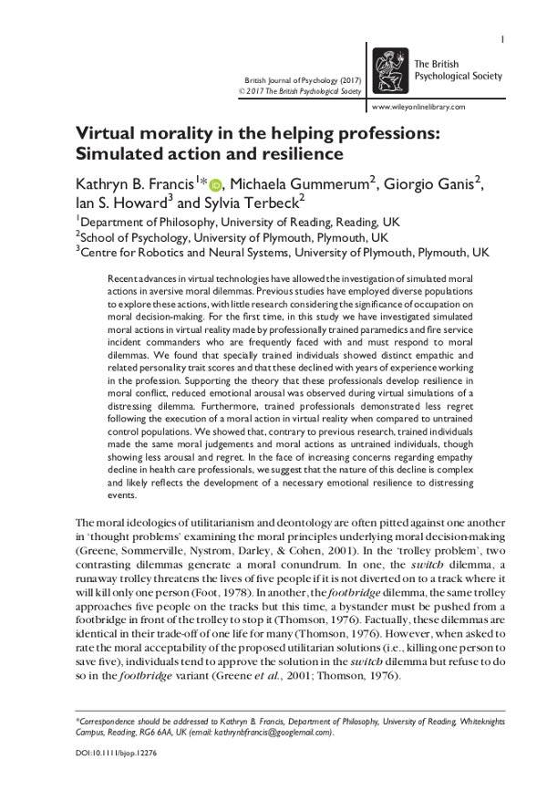 Virtual morality in the helping professions: Simulated action and resilience (doi:10.1111/bjop.12276)