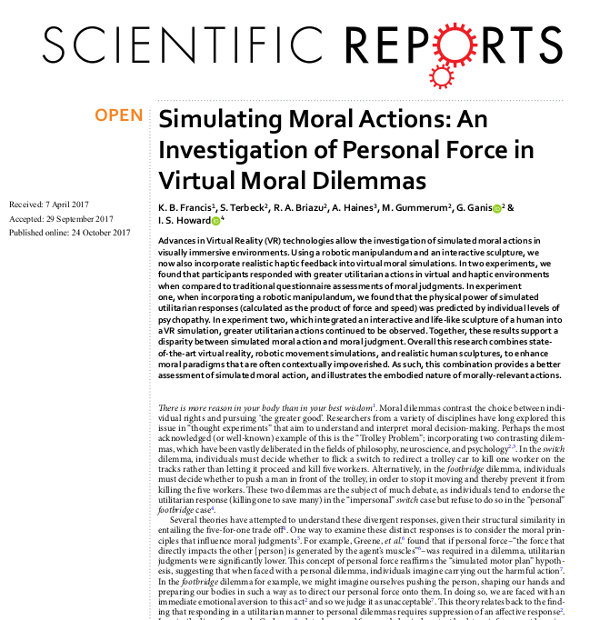 Simulating Moral Actions: An Investigation of Personal Force in Virtual Moral Dilemmas
